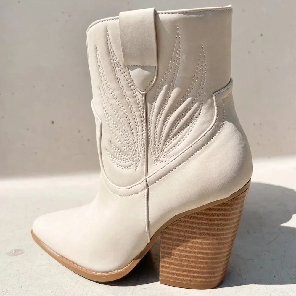 NEW Beige Distress Nubuck PU Western Cowboy Block Heel Ankle Booties Boots Shoe - Picture 8 of 12